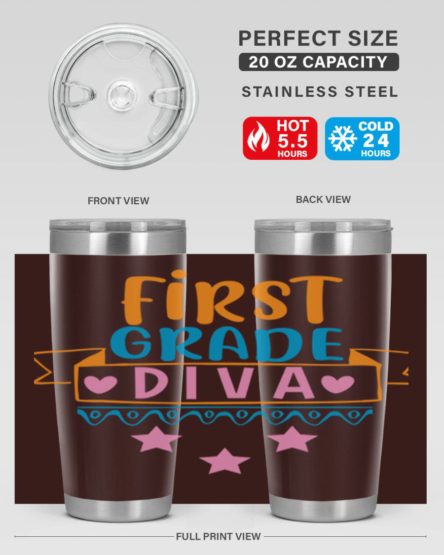 First Grade Diva 20oz Tumbler featuring a stylish design, double wall vacuum stainless steel construction, and a convenient drink-thru lid.