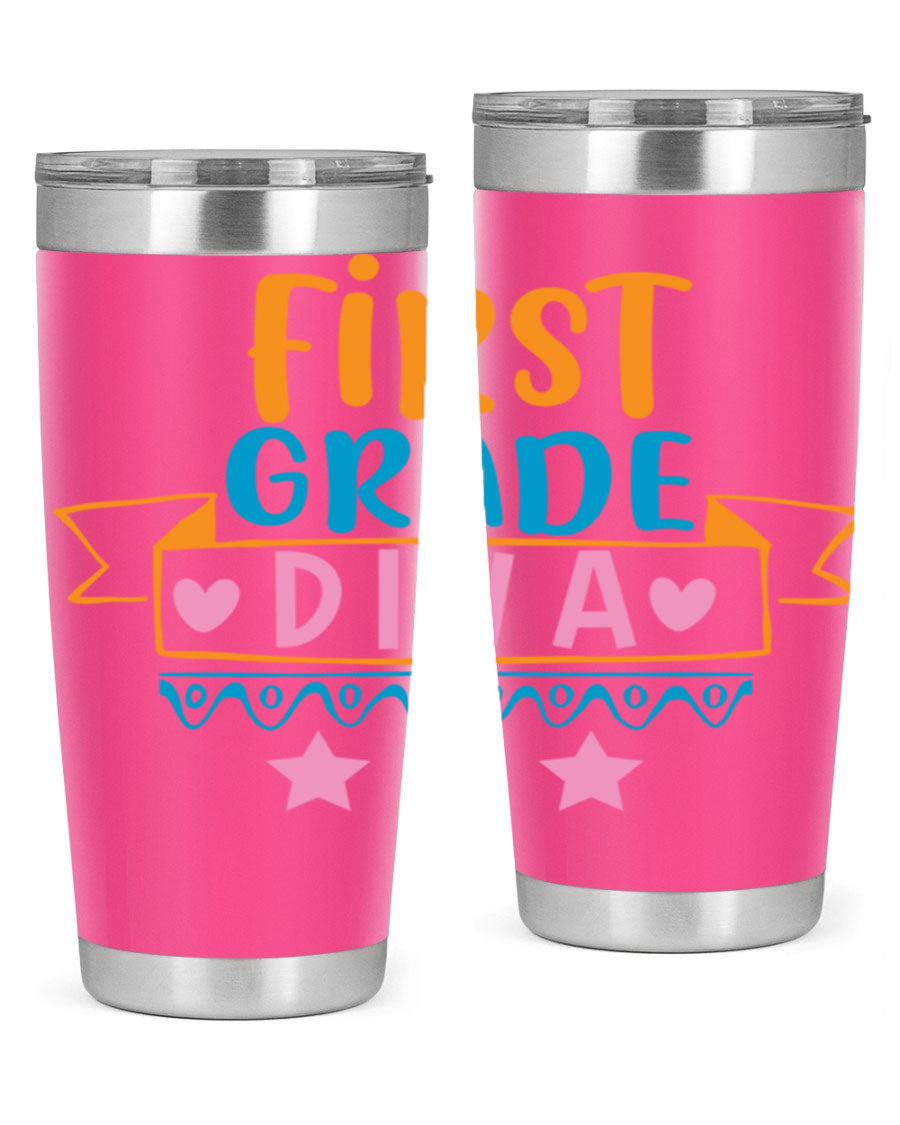 First Grade Diva 20oz Tumbler featuring a stylish design, double wall vacuum stainless steel construction, and a convenient drink-thru lid.