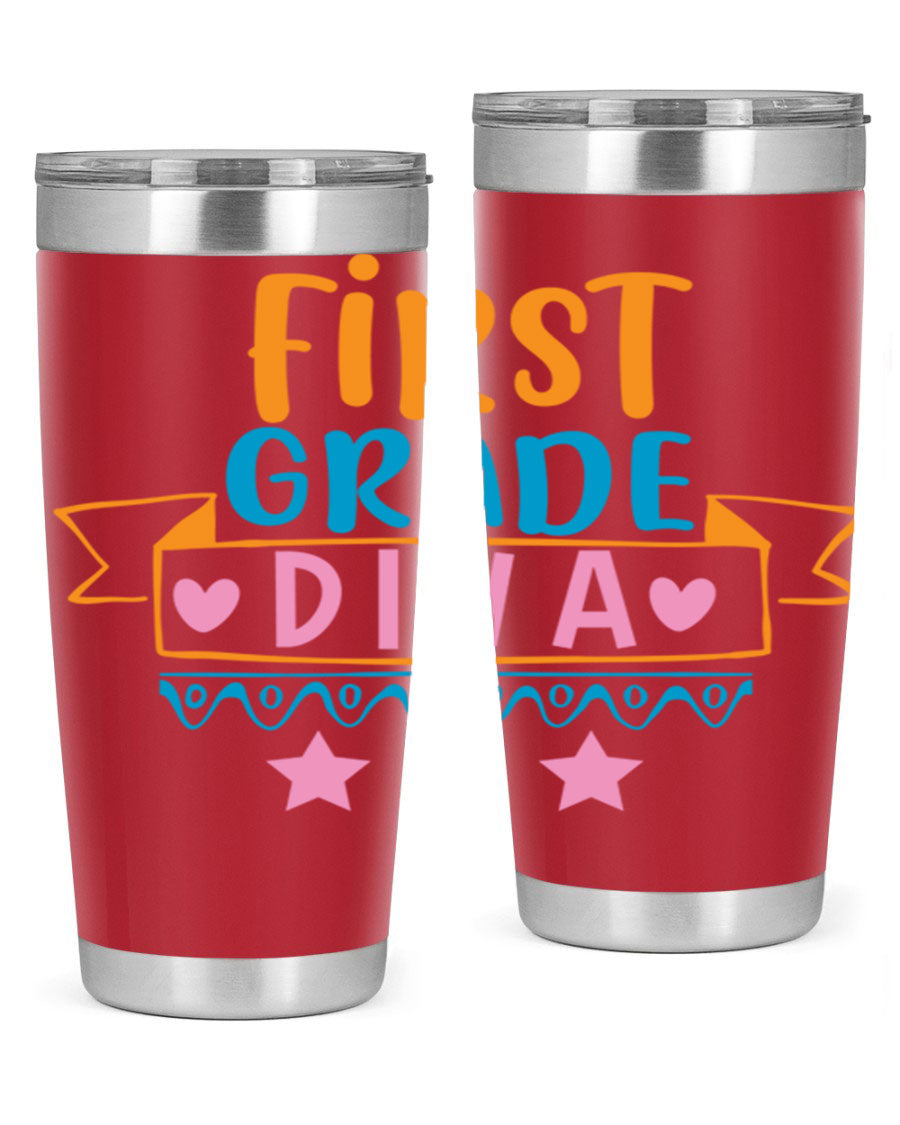 First Grade Diva 20oz Tumbler featuring a stylish design, double wall vacuum stainless steel construction, and a convenient drink-thru lid.