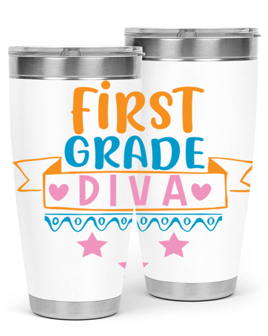 First Grade Diva 20oz Tumbler featuring a stylish design, double wall vacuum stainless steel construction, and a convenient drink-thru lid.