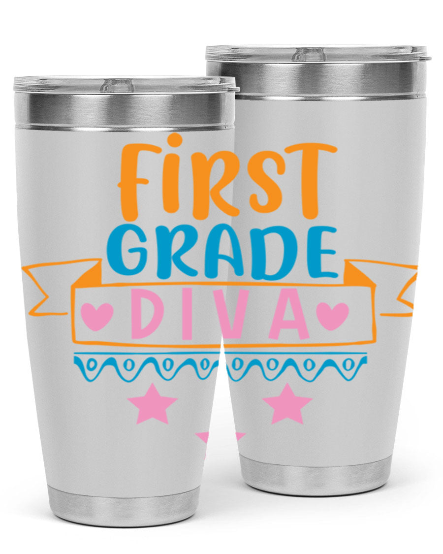 First Grade Diva 20oz Tumbler featuring a stylish design, double wall vacuum stainless steel construction, and a convenient drink-thru lid.