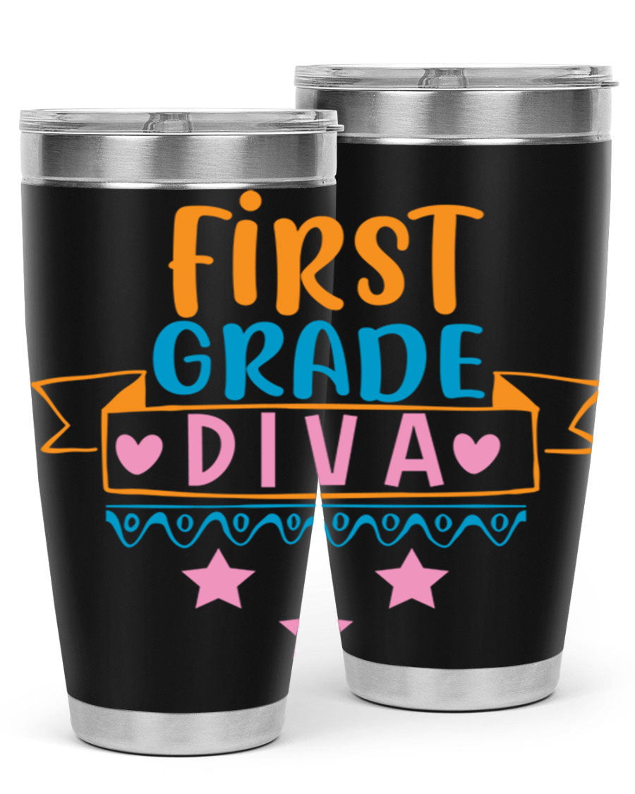 First Grade Diva 20oz Tumbler featuring a stylish design, double wall vacuum stainless steel construction, and a convenient drink-thru lid.