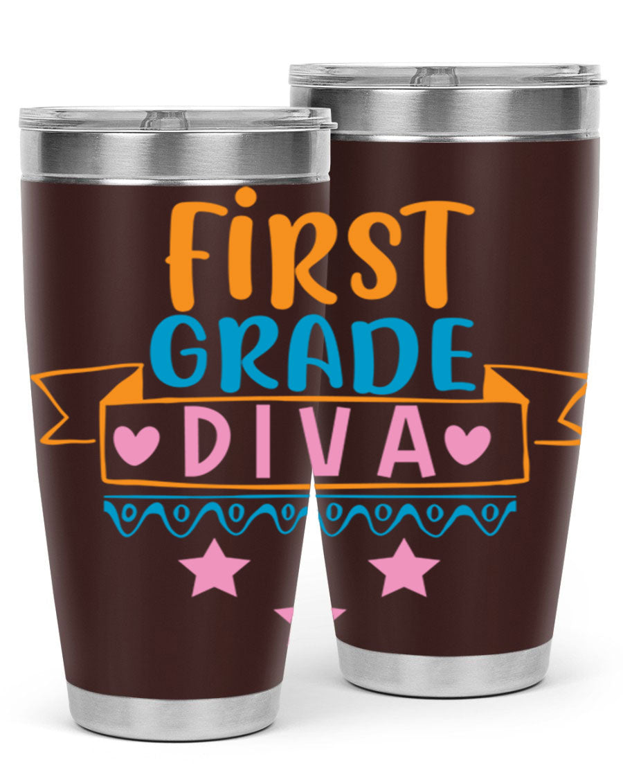 First Grade Diva 20oz Tumbler featuring a stylish design, double wall vacuum stainless steel construction, and a convenient drink-thru lid.