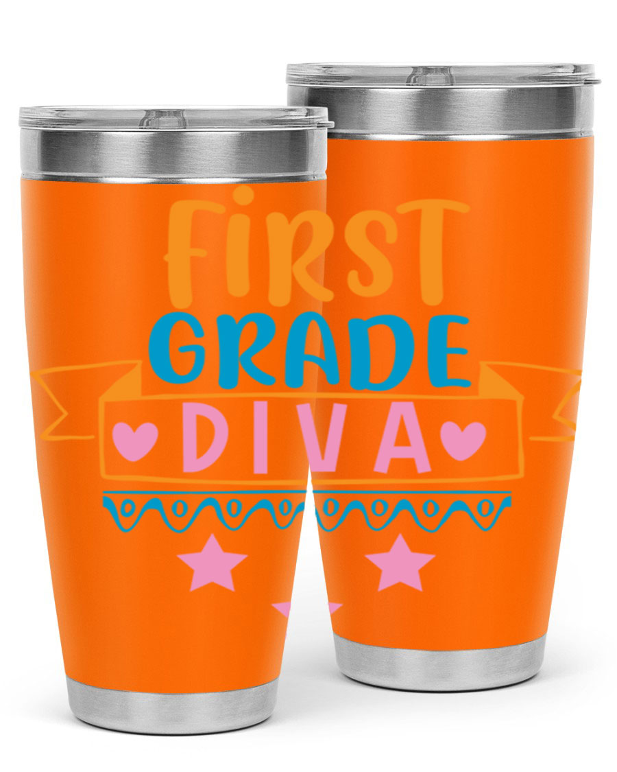 First Grade Diva 20oz Tumbler featuring a stylish design, double wall vacuum stainless steel construction, and a convenient drink-thru lid.