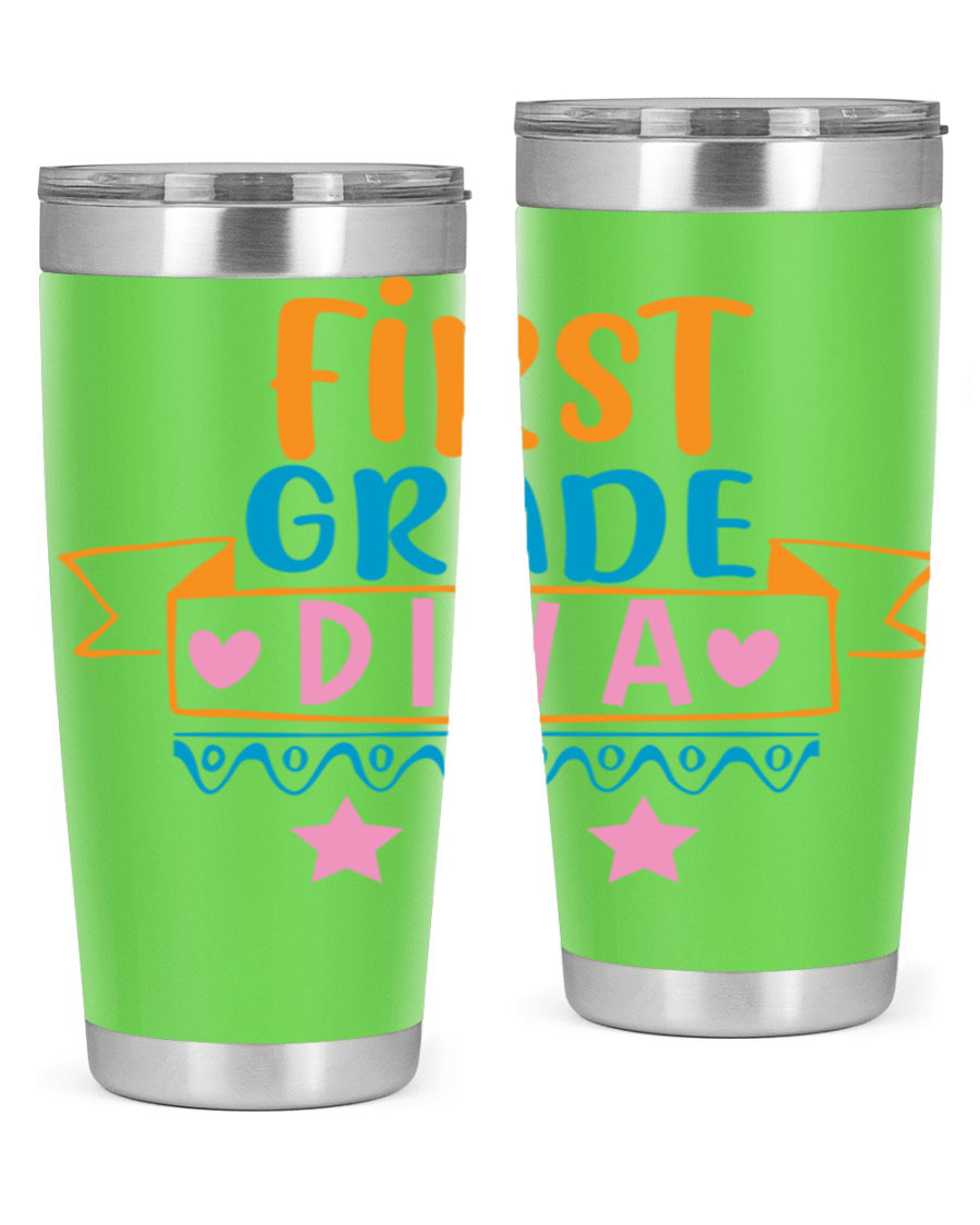 First Grade Diva 20oz Tumbler featuring a stylish design, double wall vacuum stainless steel construction, and a convenient drink-thru lid.