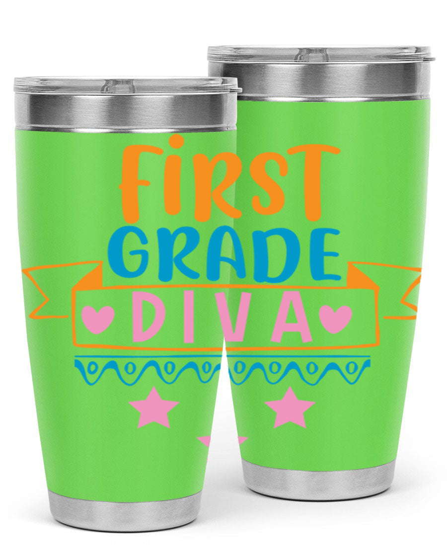 First Grade Diva 20oz Tumbler featuring a stylish design, double wall vacuum stainless steel construction, and a convenient drink-thru lid.