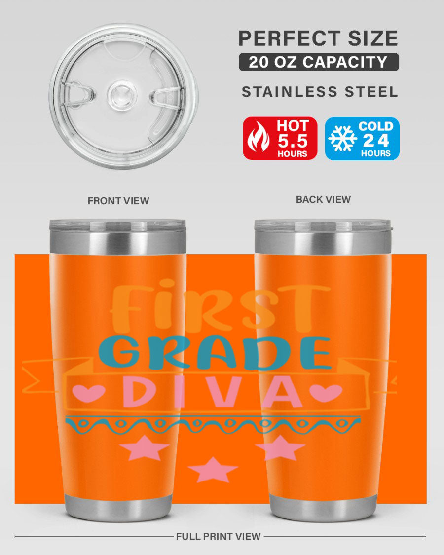 First Grade Diva 20oz Tumbler featuring a stylish design, double wall vacuum stainless steel construction, and a convenient drink-thru lid.