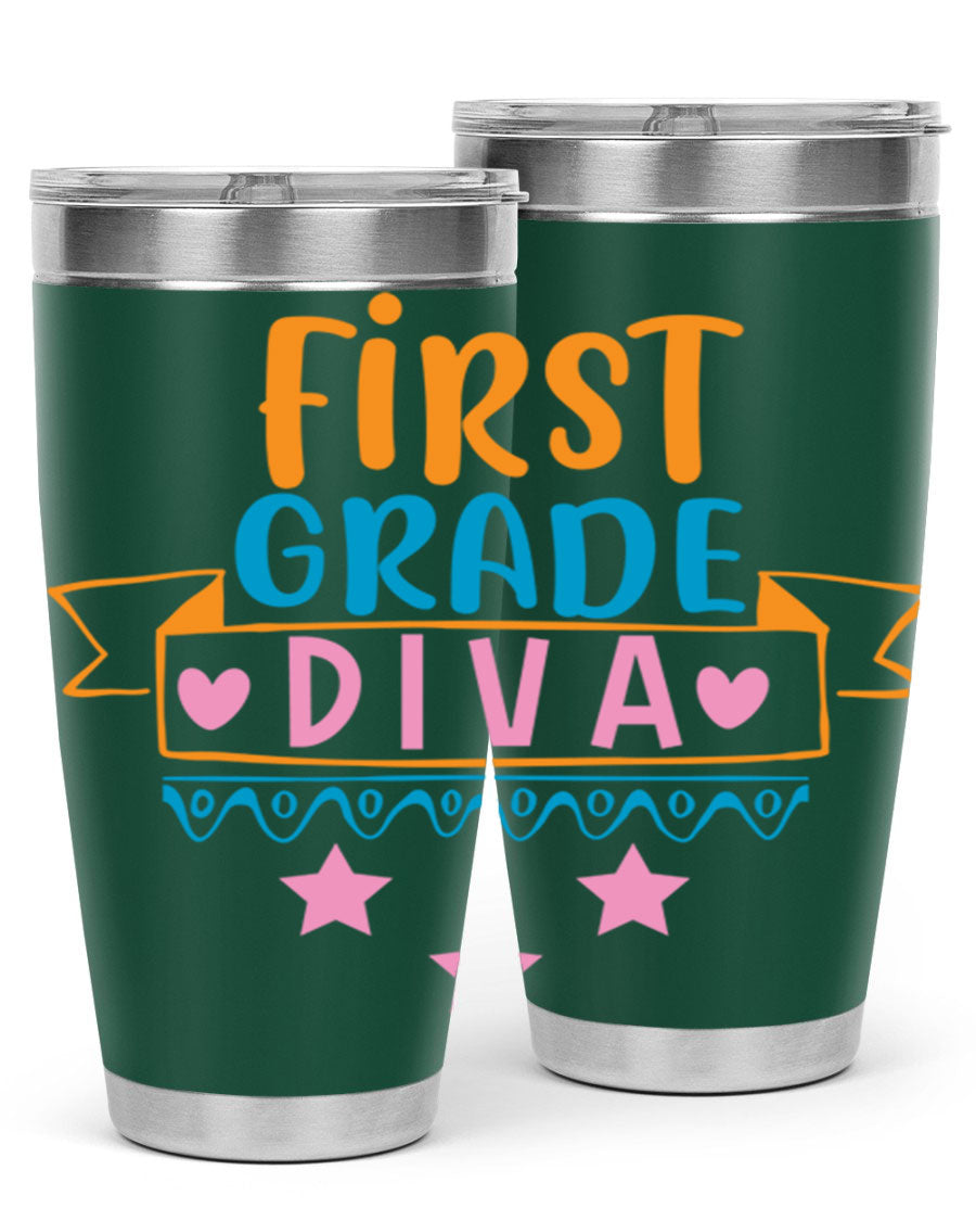 First Grade Diva 20oz Tumbler featuring a stylish design, double wall vacuum stainless steel construction, and a convenient drink-thru lid.
