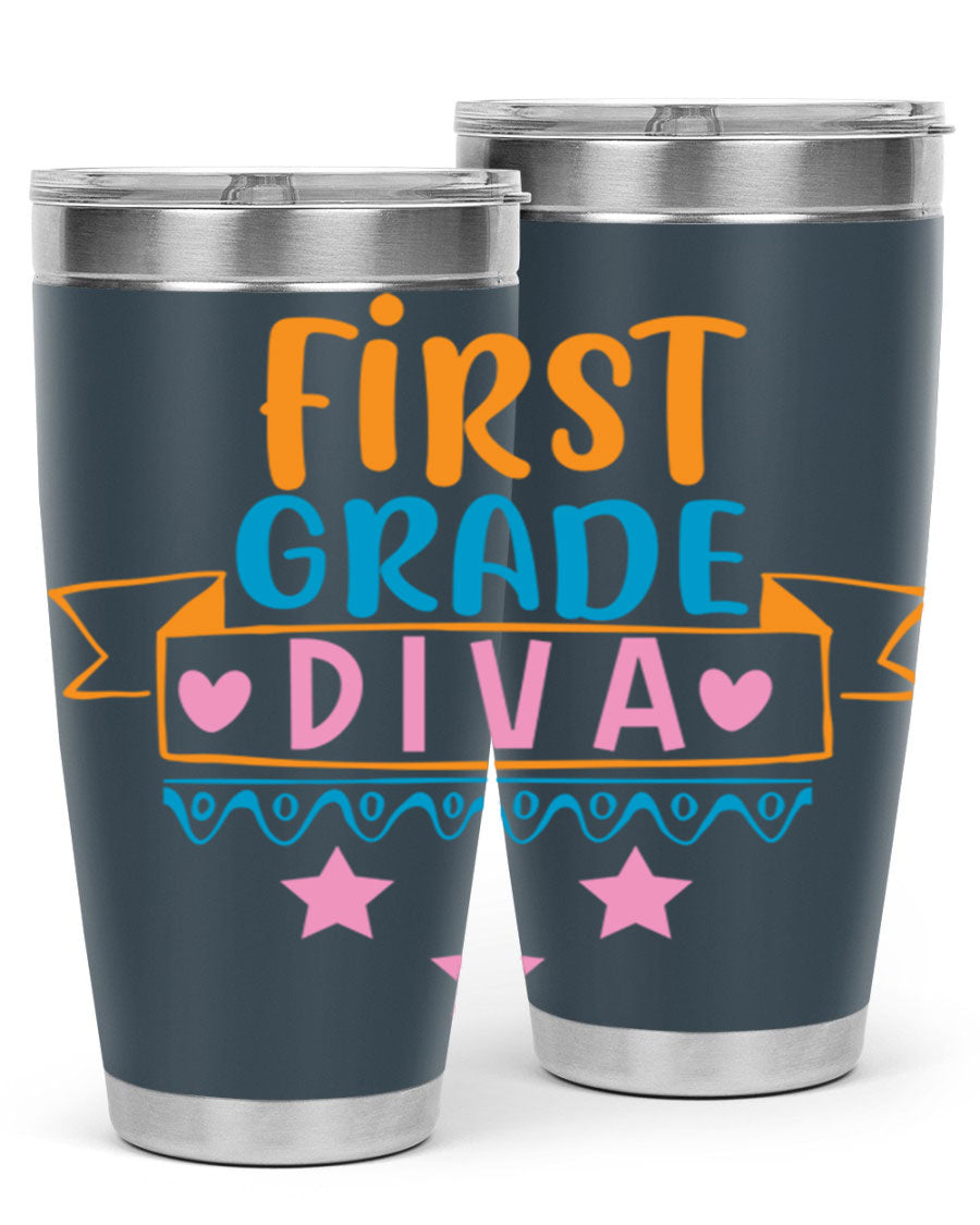 First Grade Diva 20oz Tumbler featuring a stylish design, double wall vacuum stainless steel construction, and a convenient drink-thru lid.