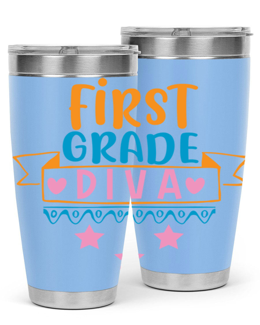 First Grade Diva 20oz Tumbler featuring a stylish design, double wall vacuum stainless steel construction, and a convenient drink-thru lid.