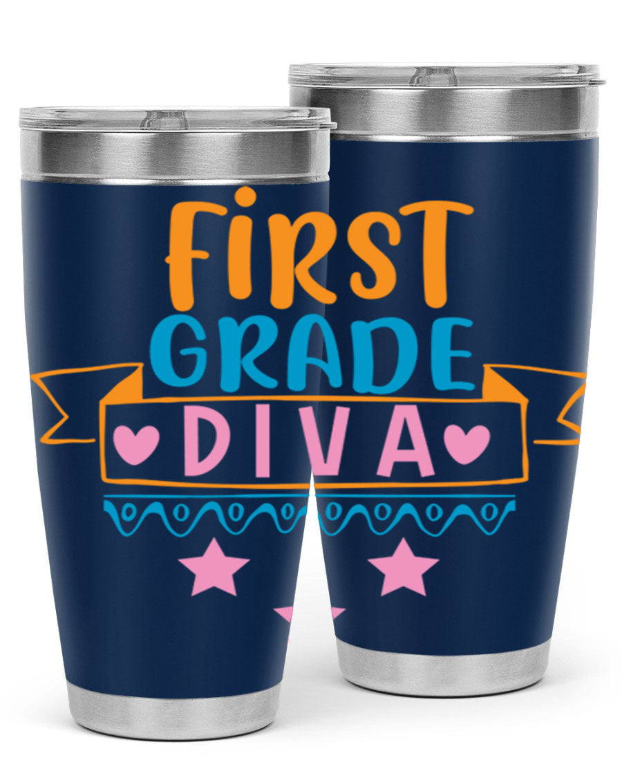 First Grade Diva 20oz Tumbler featuring a stylish design, double wall vacuum stainless steel construction, and a convenient drink-thru lid.