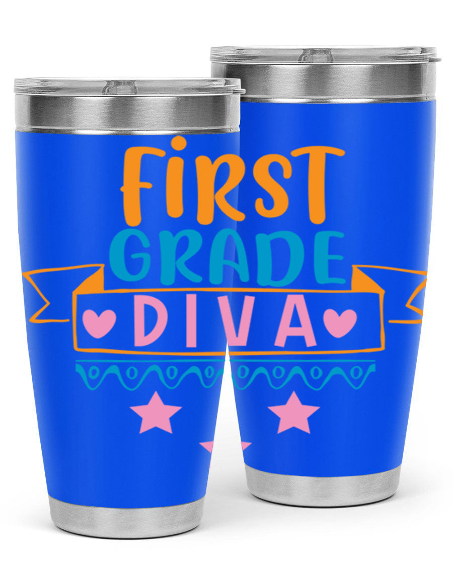 First Grade Diva 20oz Tumbler featuring a stylish design, double wall vacuum stainless steel construction, and a convenient drink-thru lid.