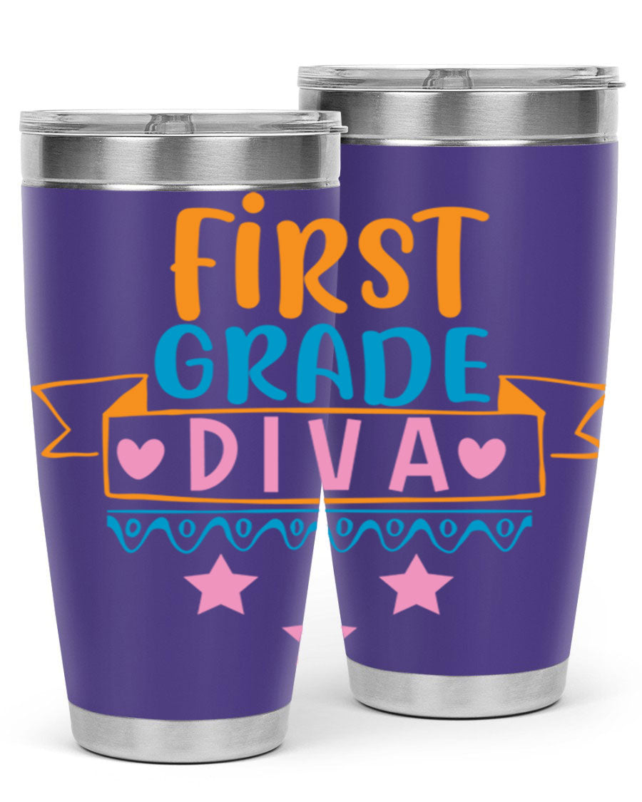 First Grade Diva 20oz Tumbler featuring a stylish design, double wall vacuum stainless steel construction, and a convenient drink-thru lid.
