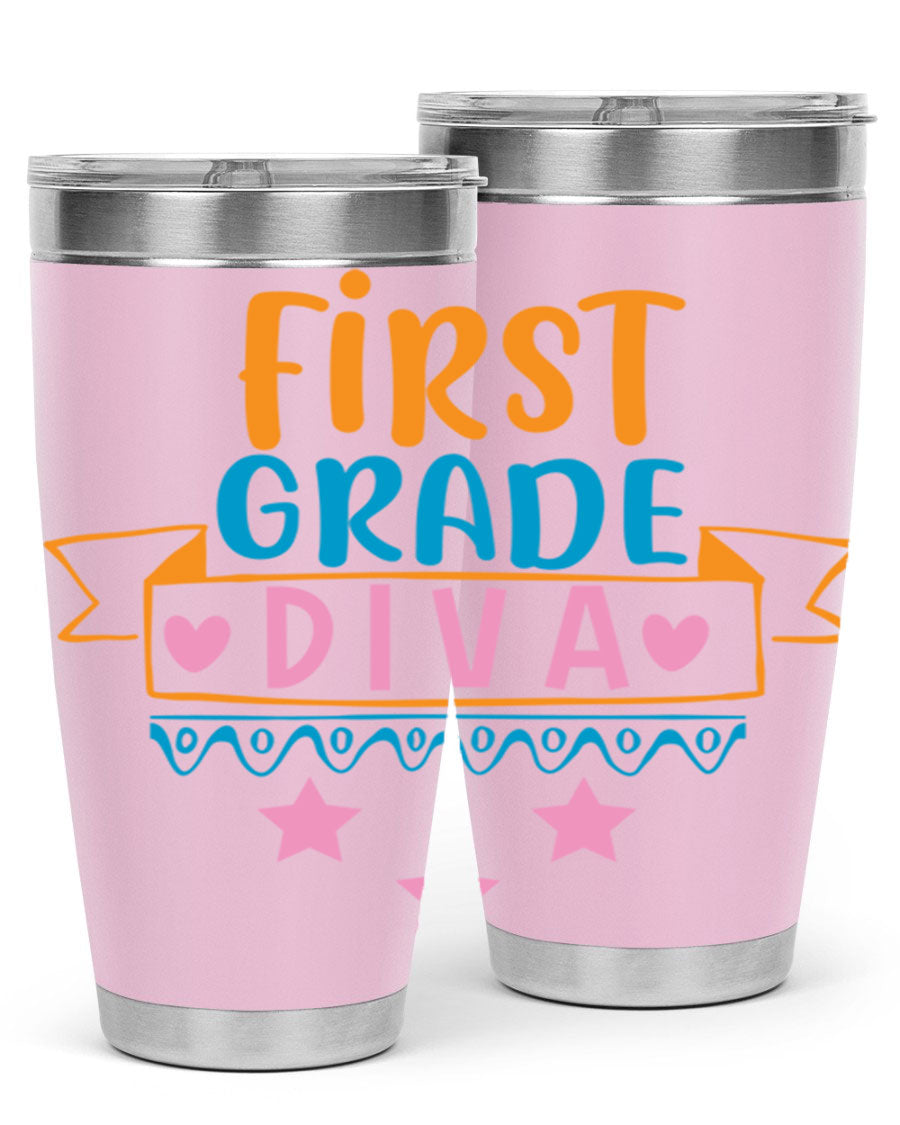 First Grade Diva 20oz Tumbler featuring a stylish design, double wall vacuum stainless steel construction, and a convenient drink-thru lid.