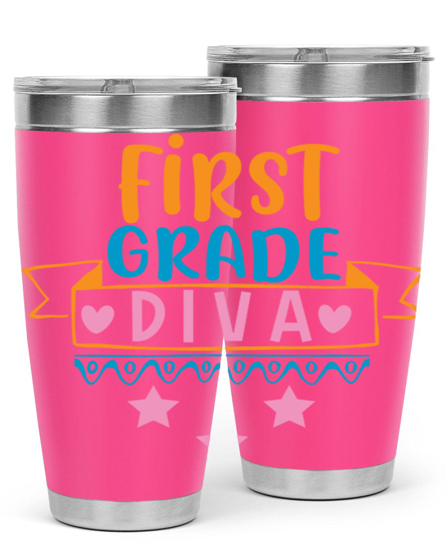 First Grade Diva 20oz Tumbler featuring a stylish design, double wall vacuum stainless steel construction, and a convenient drink-thru lid.