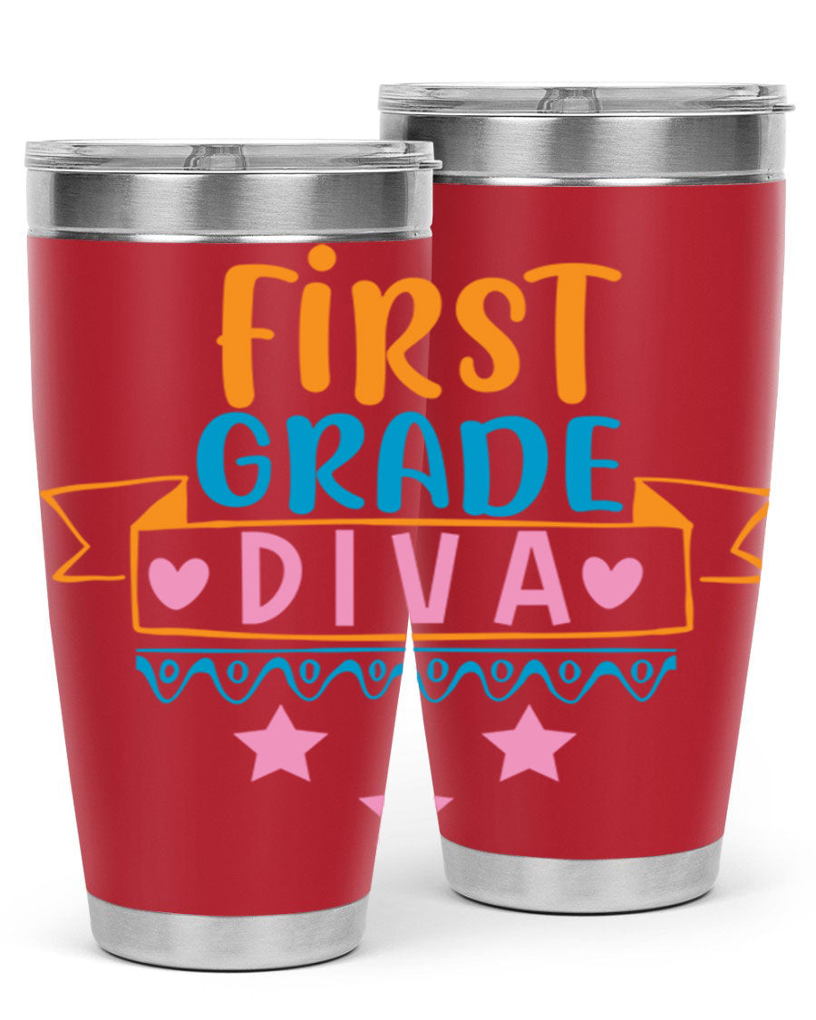 First Grade Diva 20oz Tumbler featuring a stylish design, double wall vacuum stainless steel construction, and a convenient drink-thru lid.