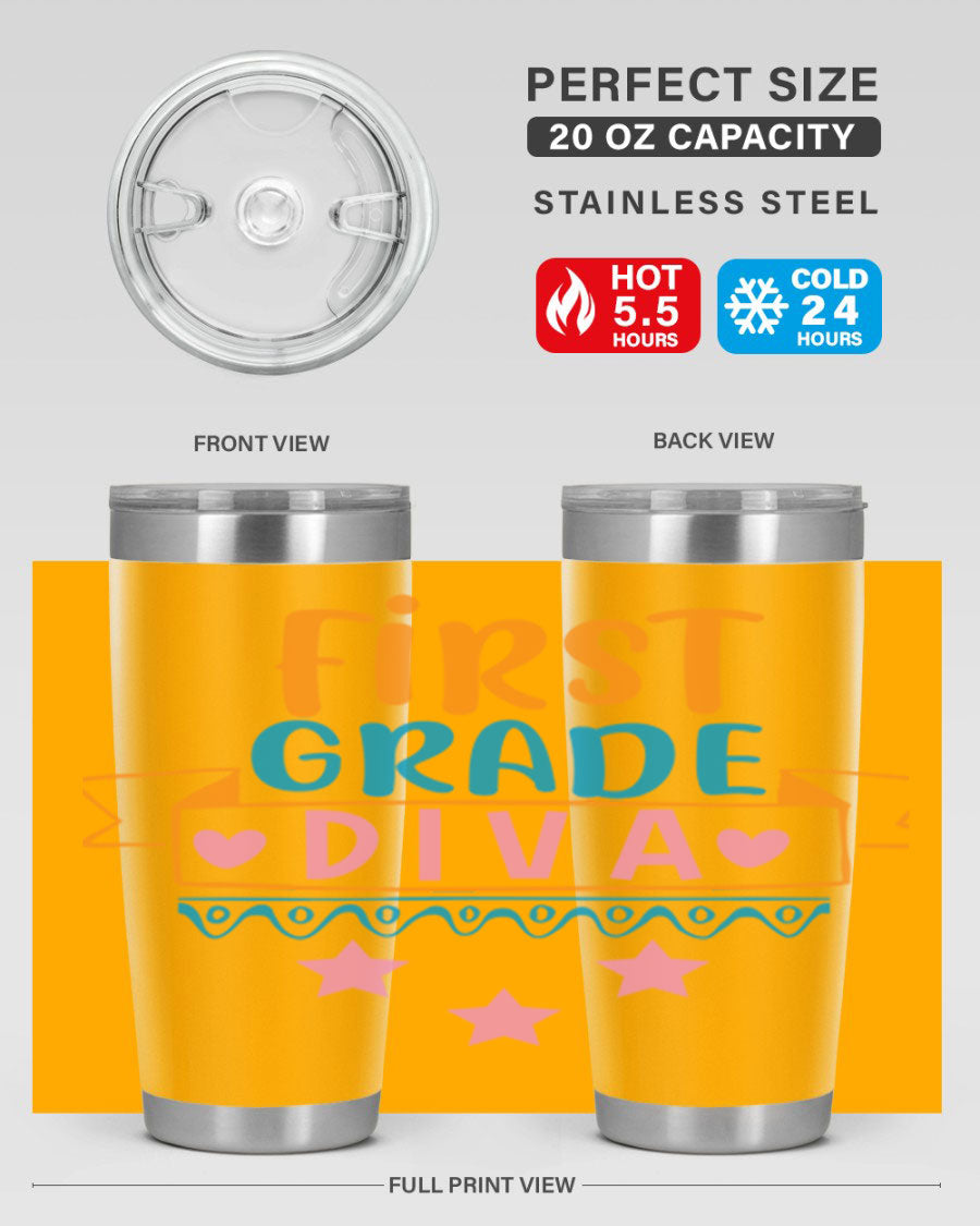 First Grade Diva 20oz Tumbler featuring a stylish design, double wall vacuum stainless steel construction, and a convenient drink-thru lid.