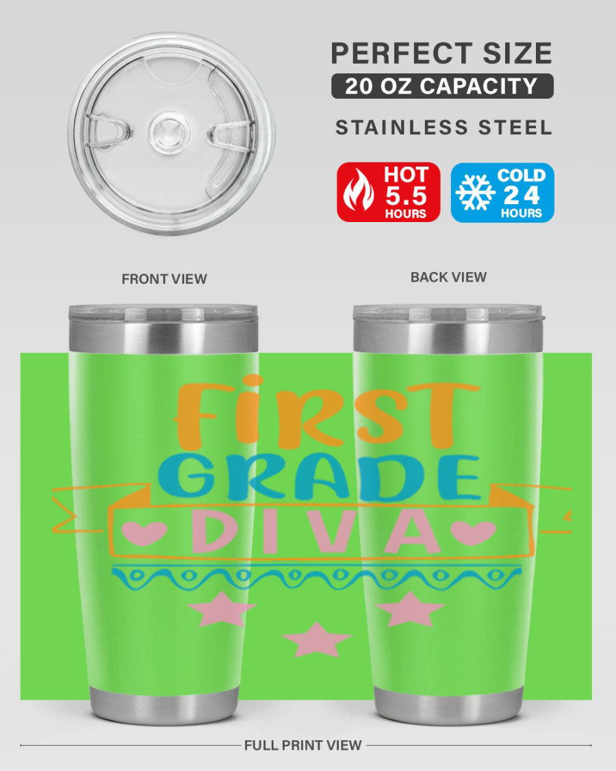 First Grade Diva 20oz Tumbler featuring a stylish design, double wall vacuum stainless steel construction, and a convenient drink-thru lid.