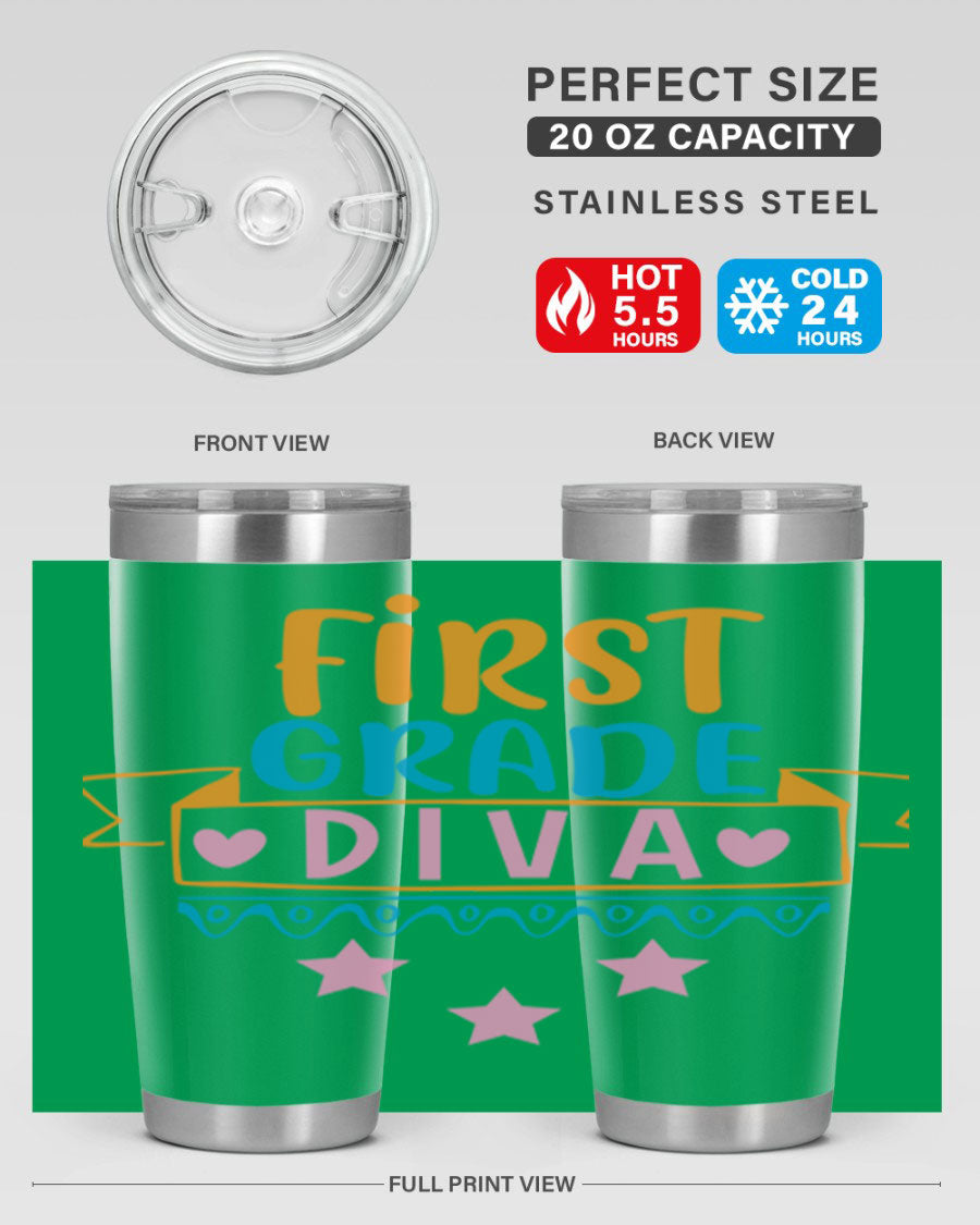 First Grade Diva 20oz Tumbler featuring a stylish design, double wall vacuum stainless steel construction, and a convenient drink-thru lid.
