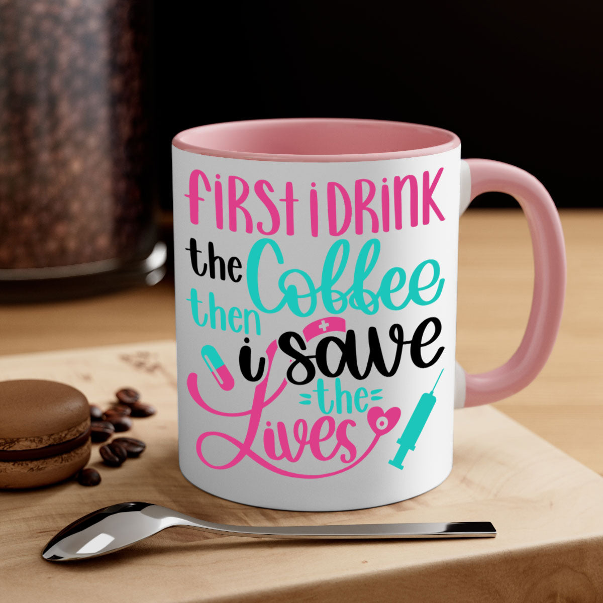 A stylish two-tone coffee mug with a colored handle and glossy finish, available in multiple colors and sizes.