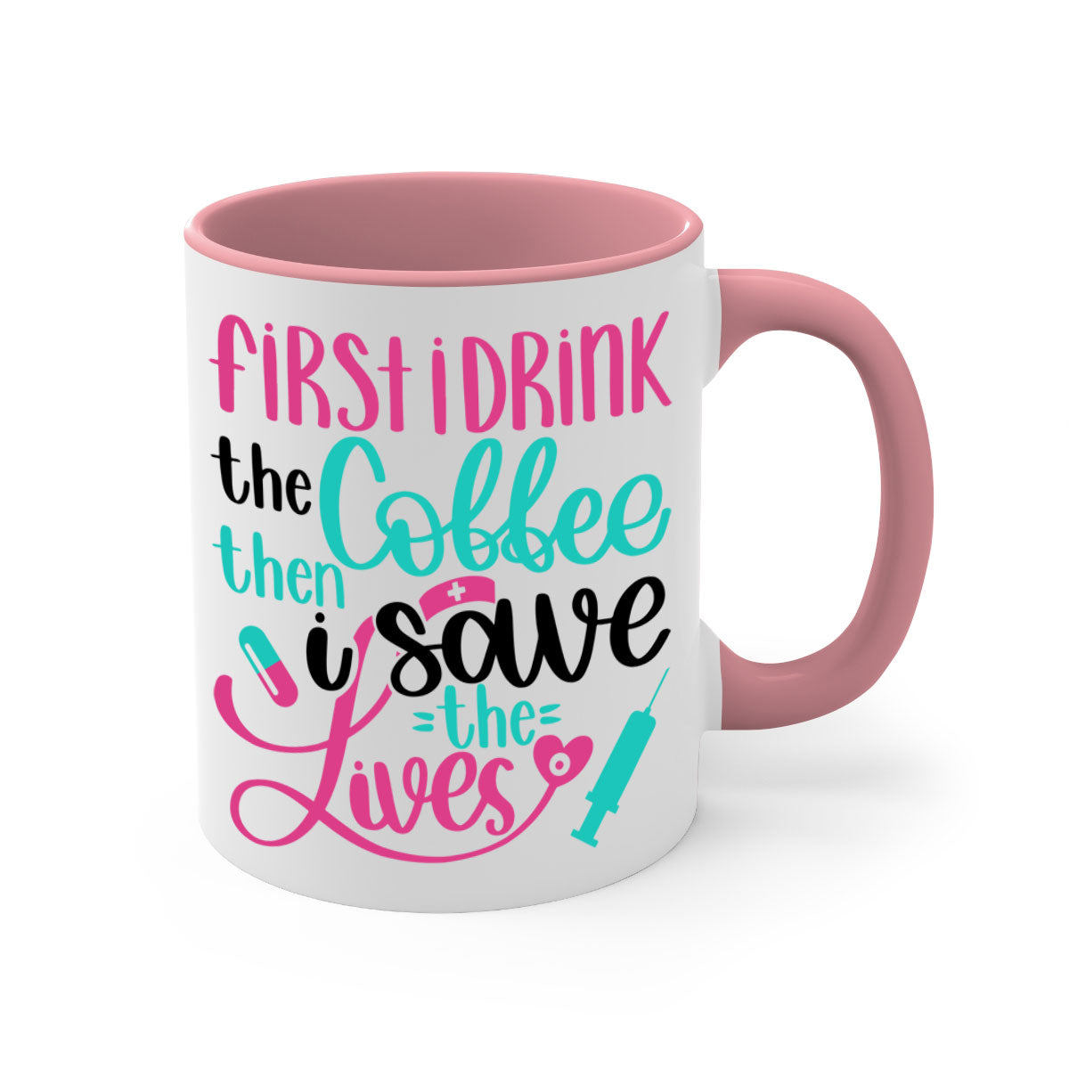 A stylish two-tone coffee mug with a colored handle and glossy finish, available in multiple colors and sizes.