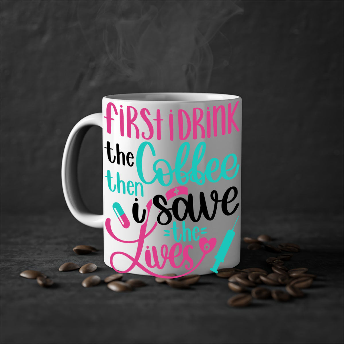 A stylish two-tone coffee mug with a colored handle and glossy finish, available in multiple colors and sizes.