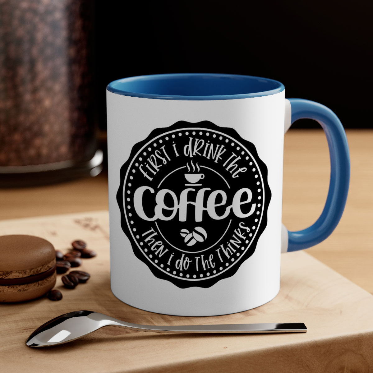 Two-tone coffee mug with the phrase 'First I Drink the Coffee Then I Do the Thinks', featuring a glossy finish and colored handle.