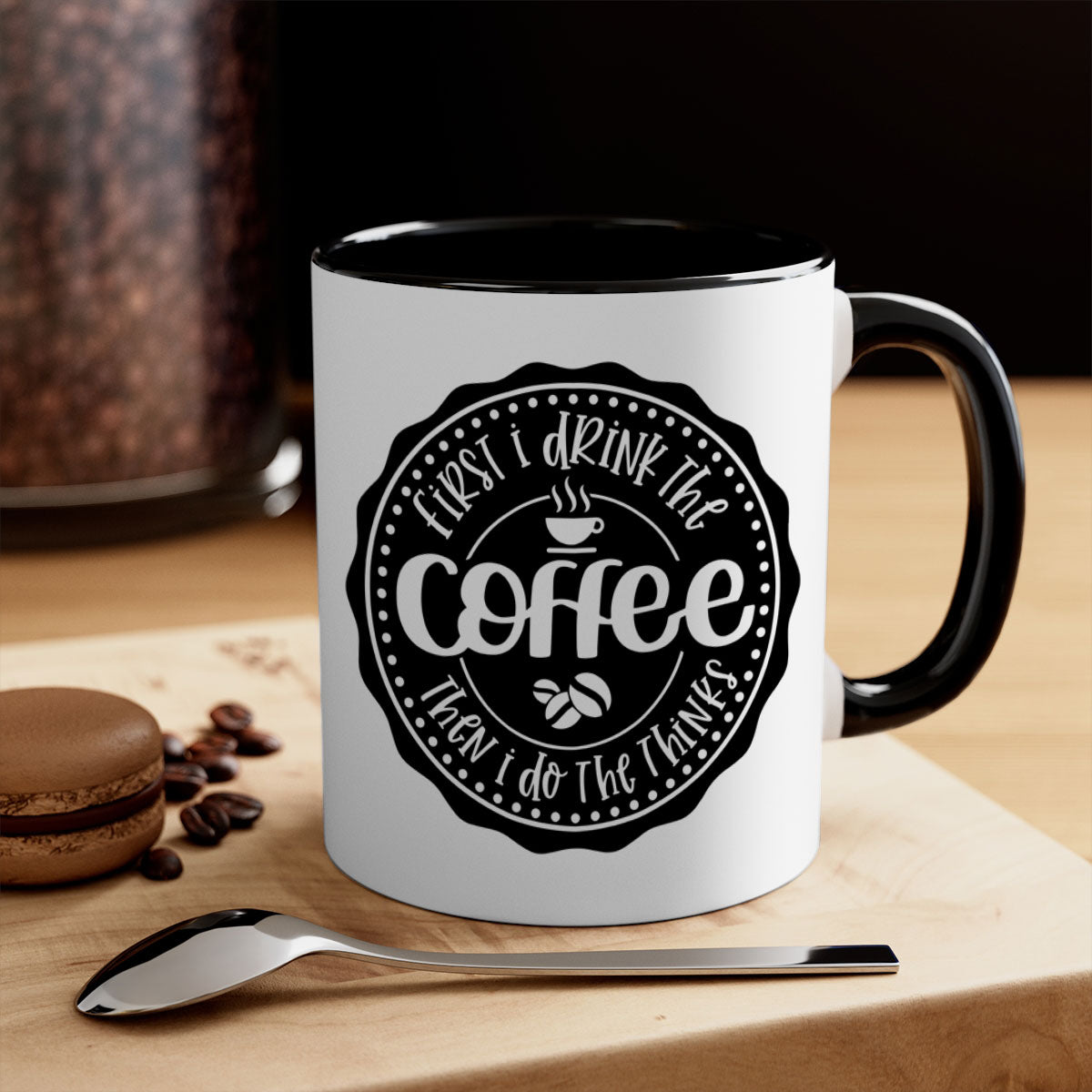 Two-tone coffee mug with the phrase 'First I Drink the Coffee Then I Do the Thinks', featuring a glossy finish and colored handle.