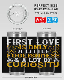 First Love Tumbler in 20oz and 30oz sizes, showcasing double wall vacuum stainless steel design with a drink-thru lid.