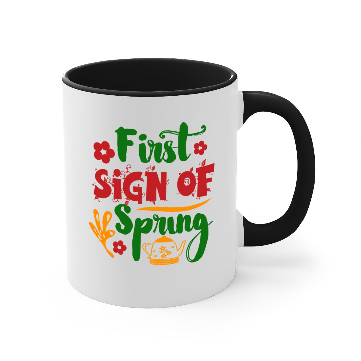 A two-tone ceramic coffee mug with a colored handle and interior, showcasing the First Sign of Spring design.