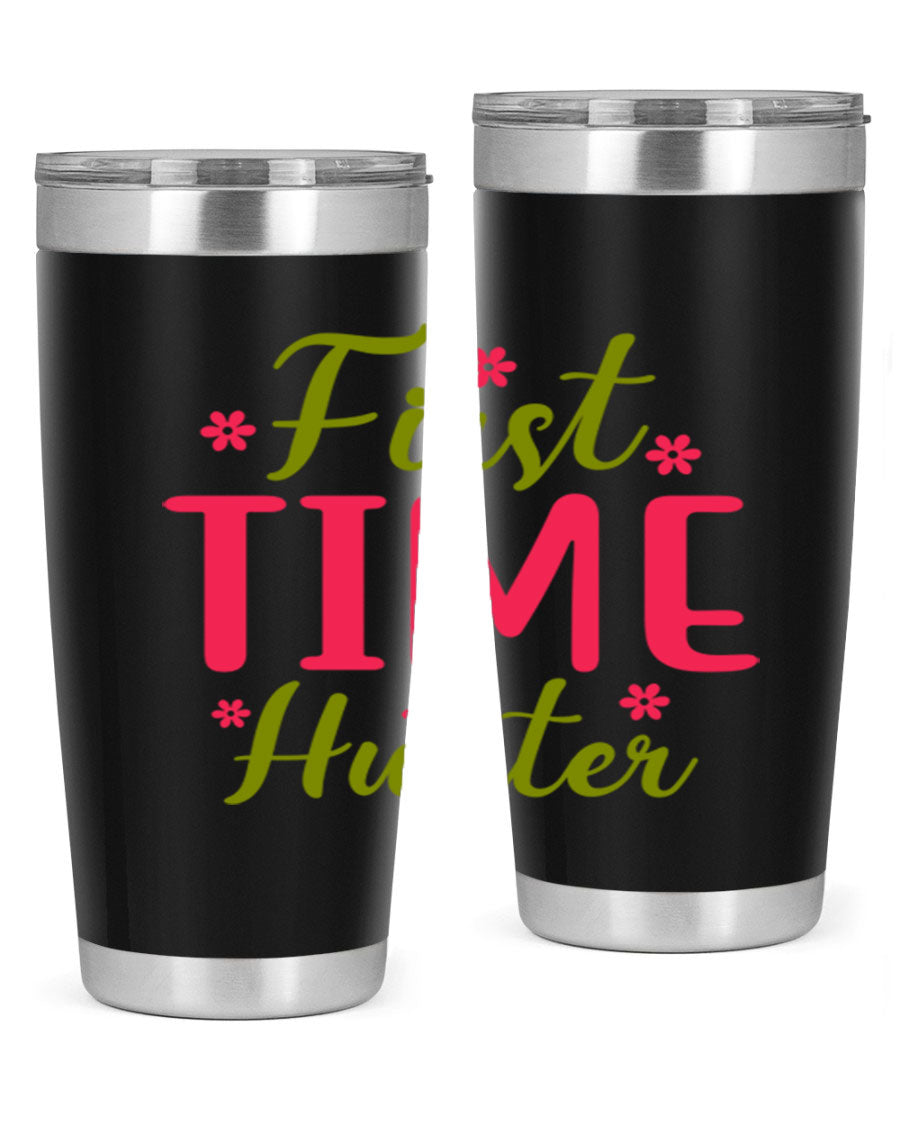 First Time Hunter 20oz Tumbler in stainless steel with a drink-thru lid, showcasing its sleek design and insulation features.