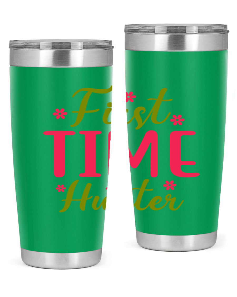 First Time Hunter 20oz Tumbler in stainless steel with a drink-thru lid, showcasing its sleek design and insulation features.