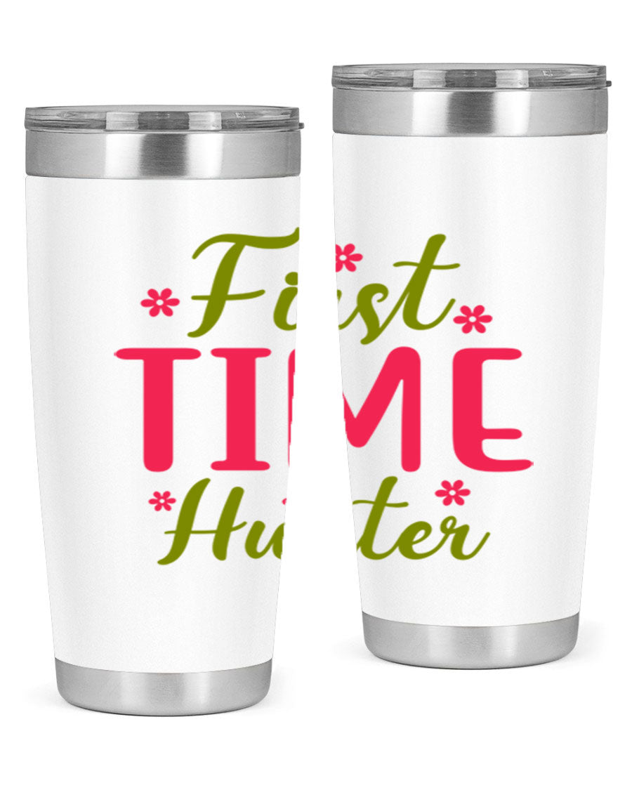First Time Hunter 20oz Tumbler in stainless steel with a drink-thru lid, showcasing its sleek design and insulation features.