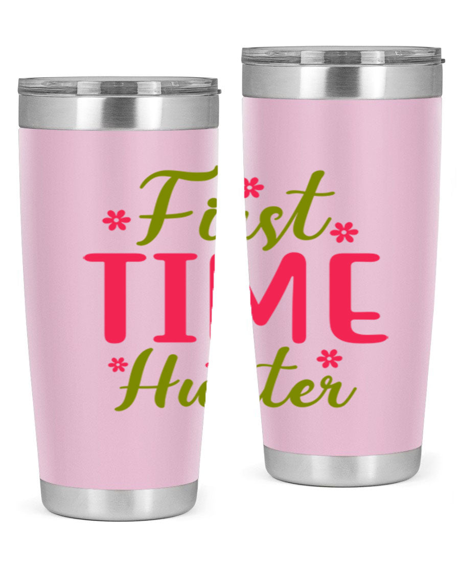 First Time Hunter 20oz Tumbler in stainless steel with a drink-thru lid, showcasing its sleek design and insulation features.