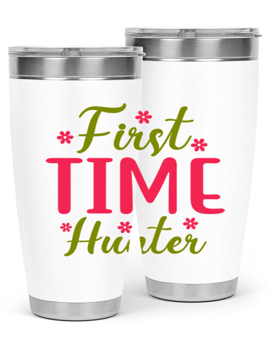 First Time Hunter 20oz Tumbler in stainless steel with a drink-thru lid, showcasing its sleek design and insulation features.
