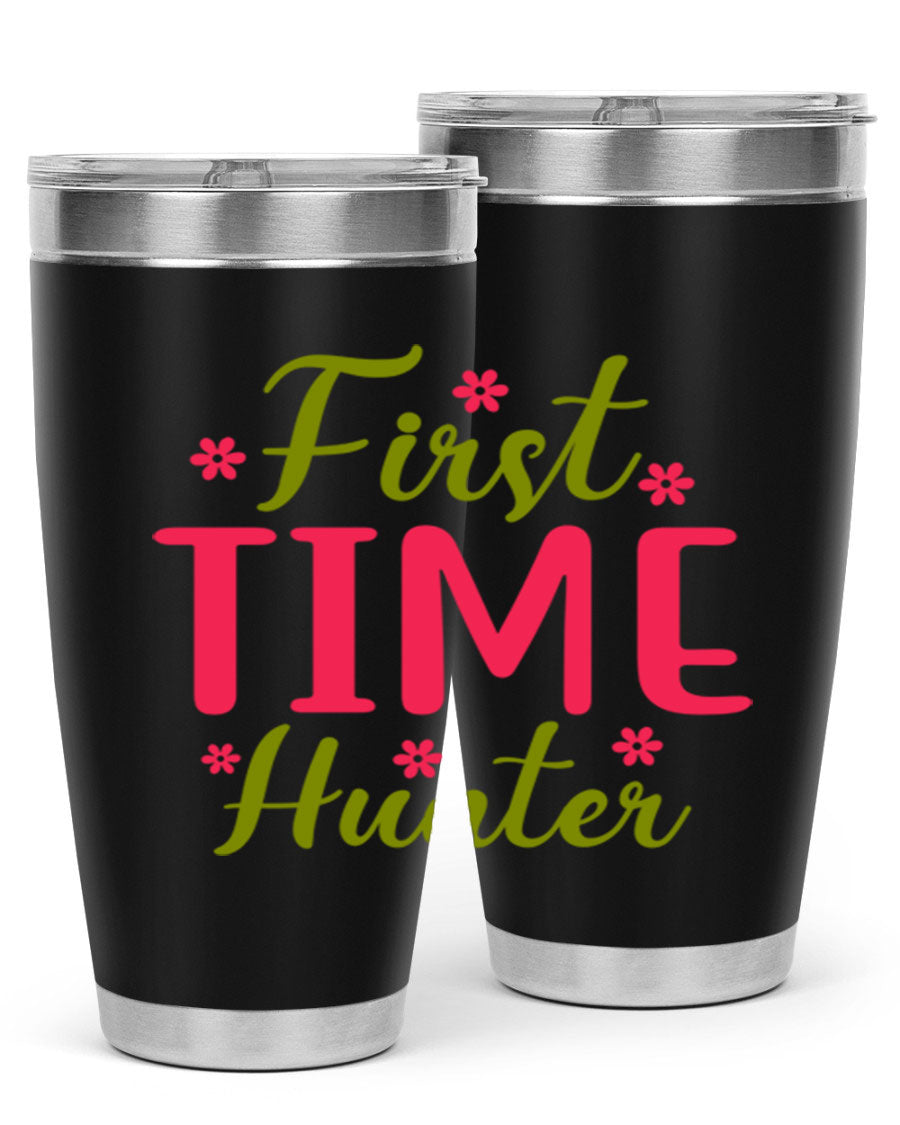 First Time Hunter 20oz Tumbler in stainless steel with a drink-thru lid, showcasing its sleek design and insulation features.