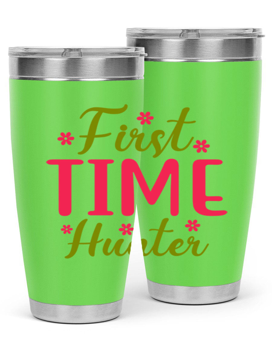 First Time Hunter 20oz Tumbler in stainless steel with a drink-thru lid, showcasing its sleek design and insulation features.