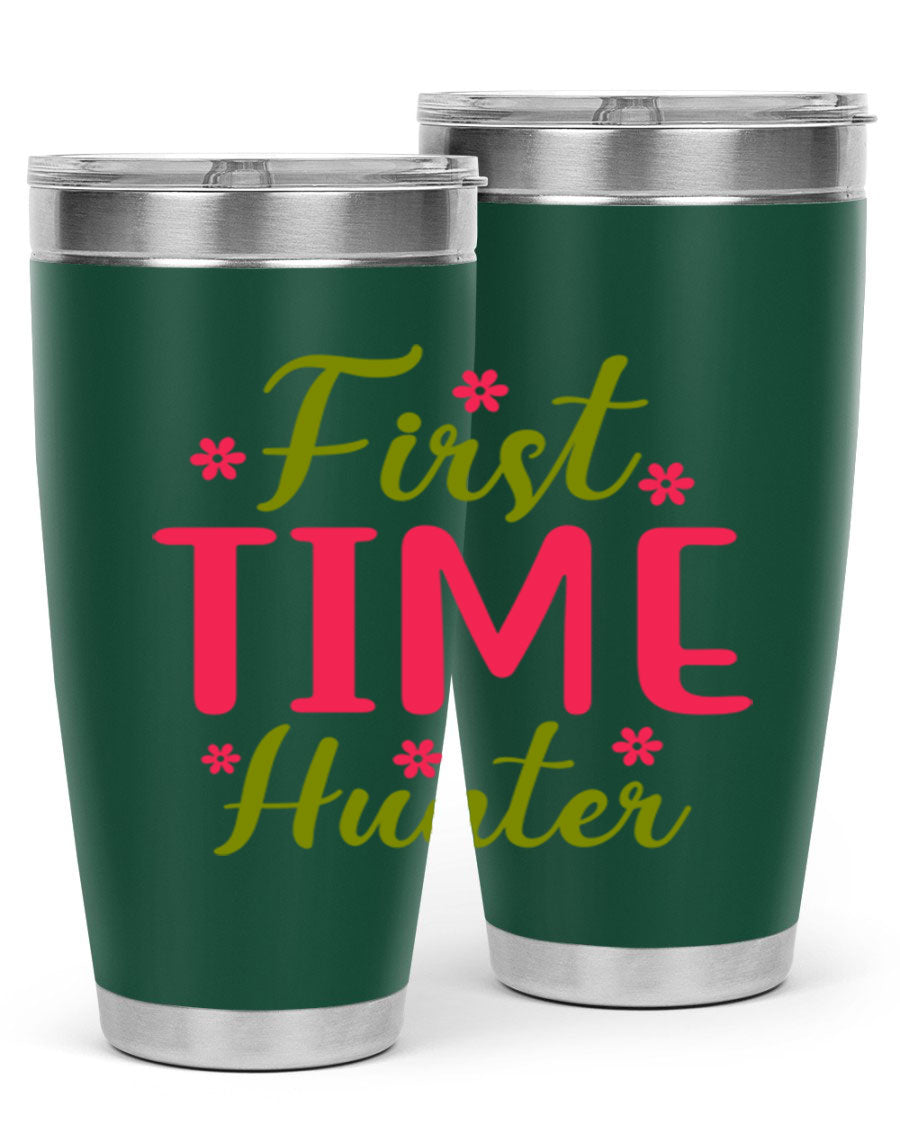 First Time Hunter 20oz Tumbler in stainless steel with a drink-thru lid, showcasing its sleek design and insulation features.