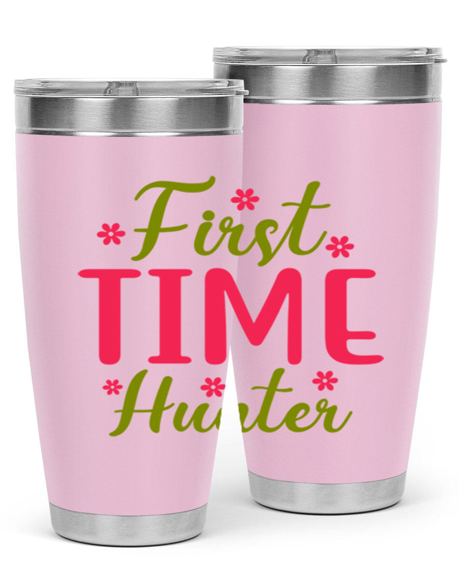 First Time Hunter 20oz Tumbler in stainless steel with a drink-thru lid, showcasing its sleek design and insulation features.