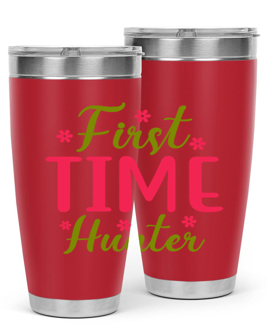 First Time Hunter 20oz Tumbler in stainless steel with a drink-thru lid, showcasing its sleek design and insulation features.