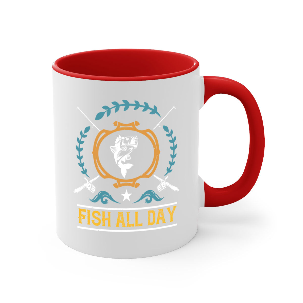 Fish All Day 187# Mug featuring a glossy finish, colored handle, and interior, available in multiple colors.