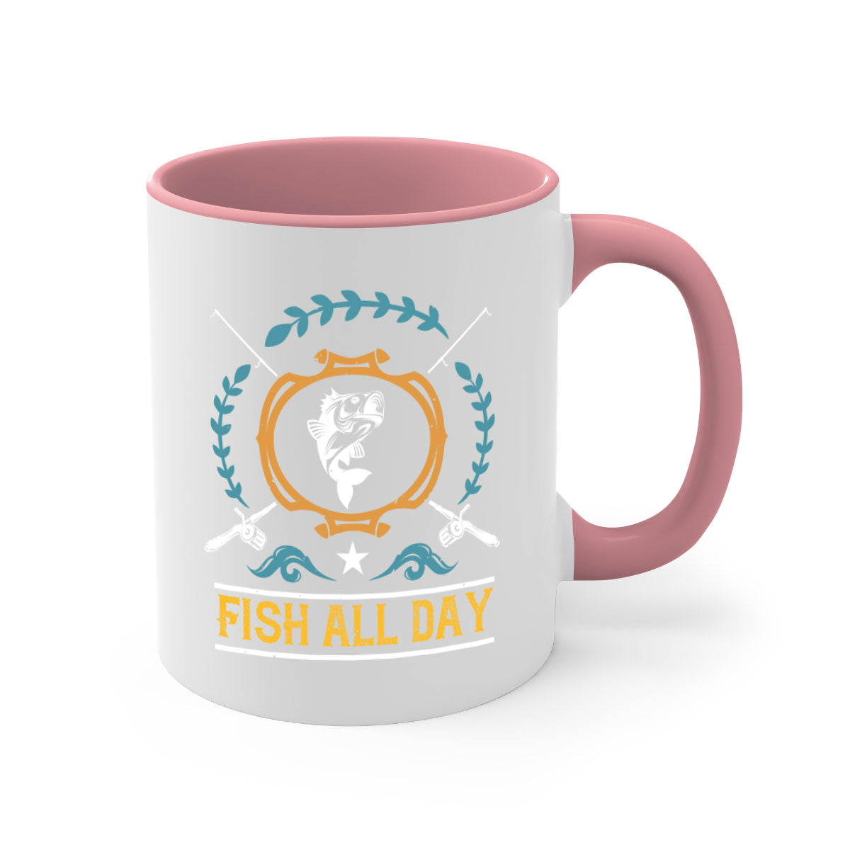 Fish All Day 187# Mug featuring a glossy finish, colored handle, and interior, available in multiple colors.