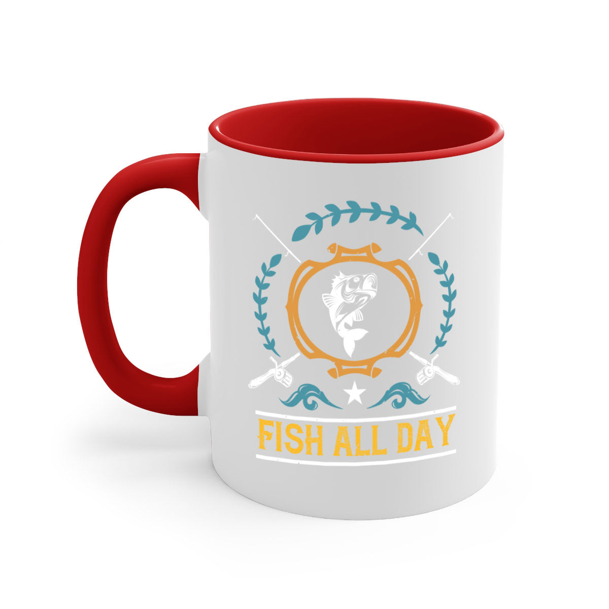Fish All Day 187# Mug featuring a glossy finish, colored handle, and interior, available in multiple colors.