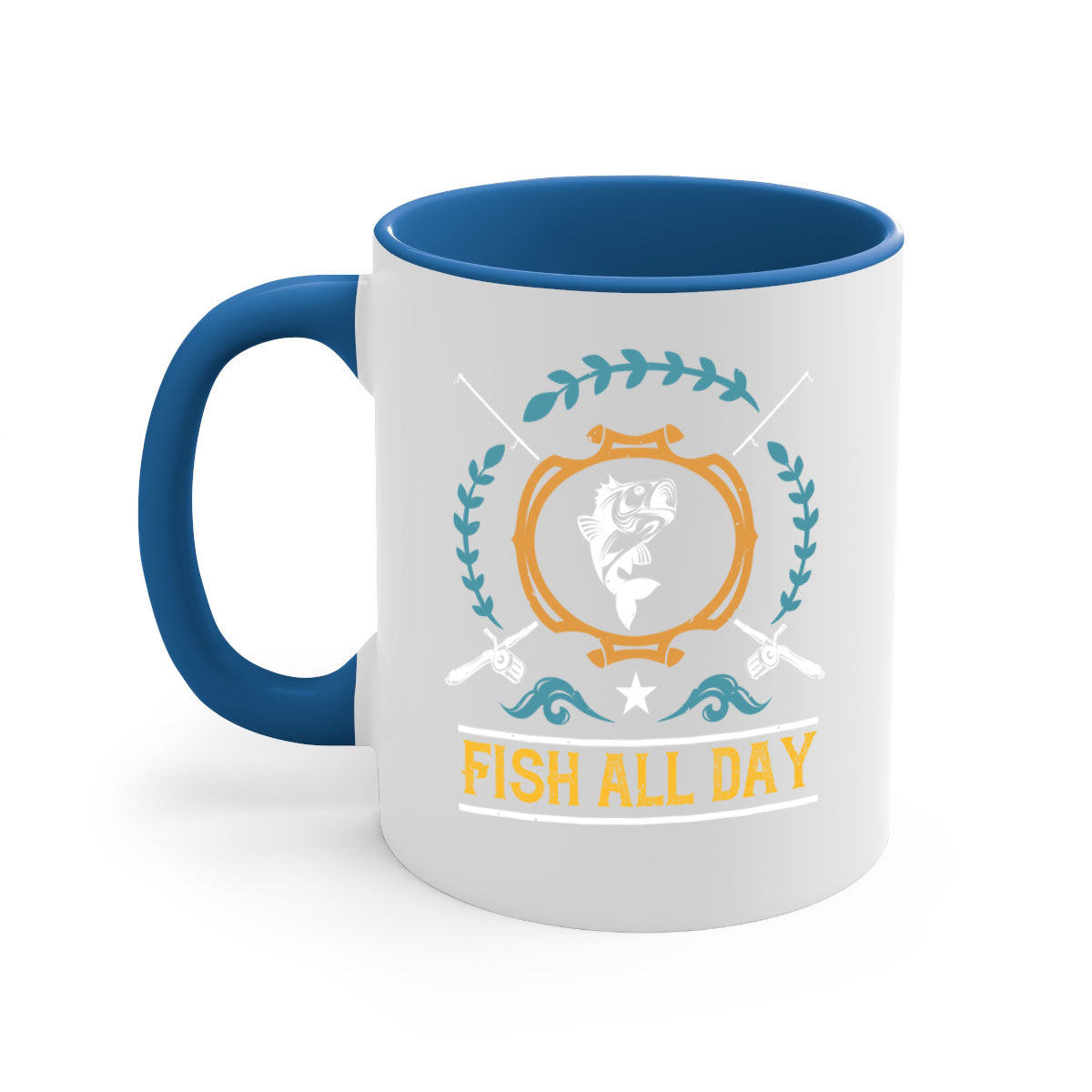 Fish All Day 187# Mug featuring a glossy finish, colored handle, and interior, available in multiple colors.