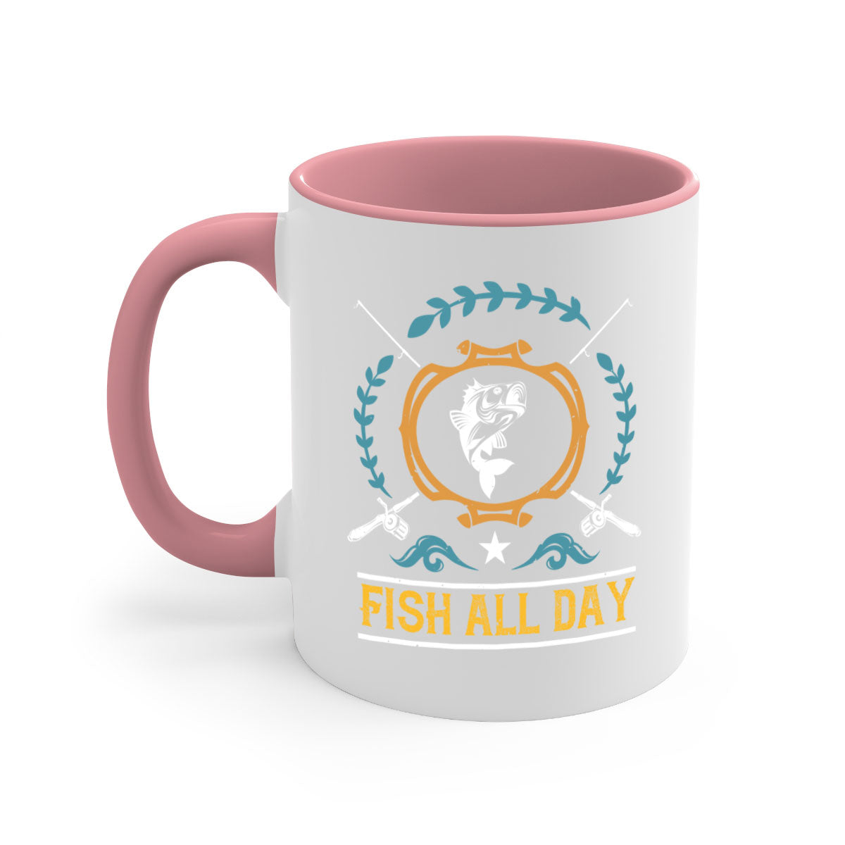 Fish All Day 187# Mug featuring a glossy finish, colored handle, and interior, available in multiple colors.