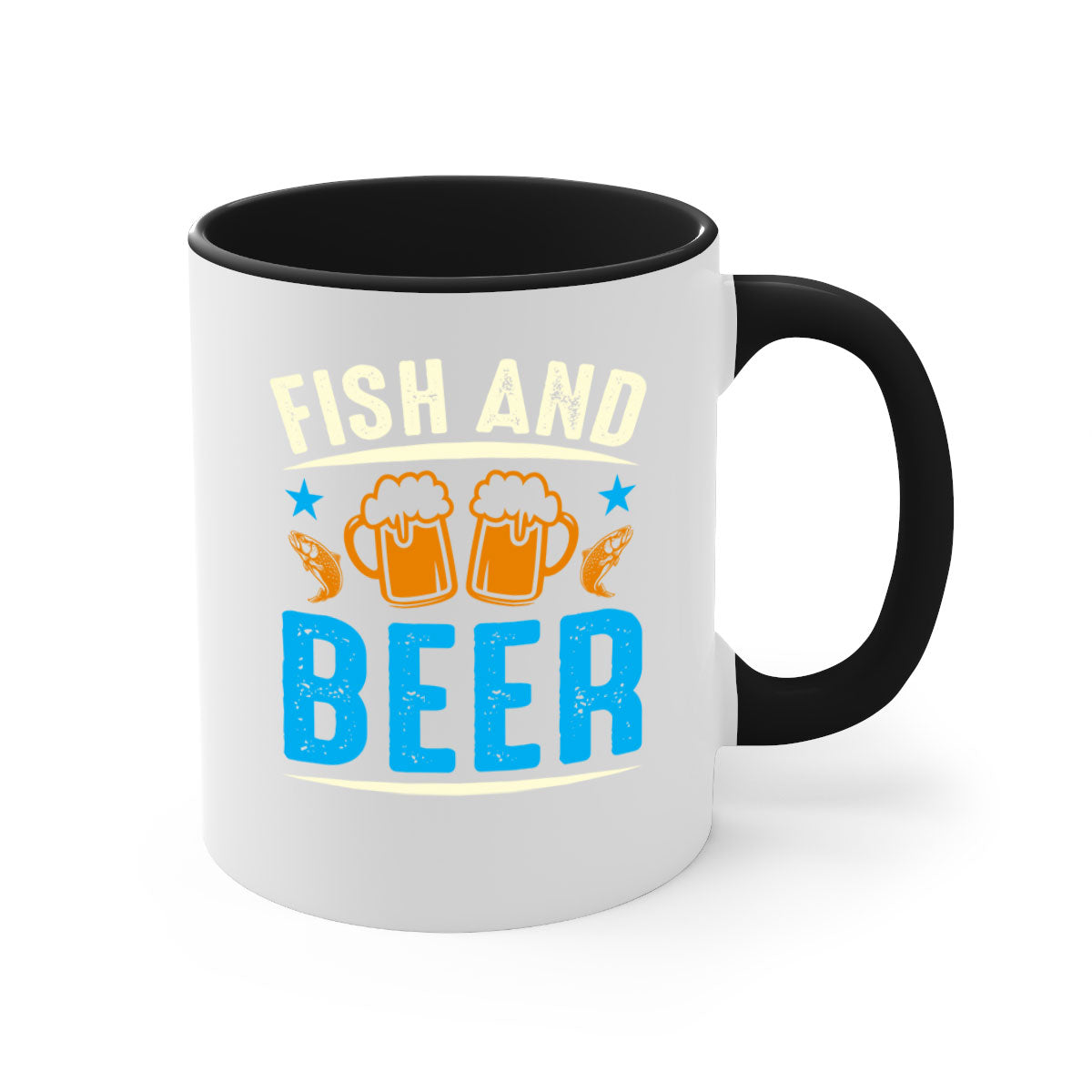 Fish and Beer 114# Mug with colored handle and glossy finish, available in multiple colors and sizes.