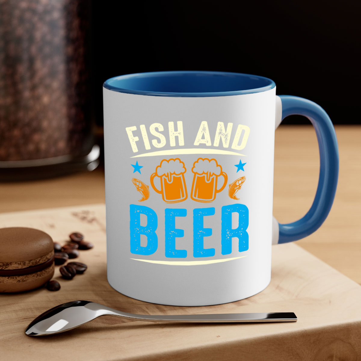 Fish and Beer 114# Mug with colored handle and glossy finish, available in multiple colors and sizes.