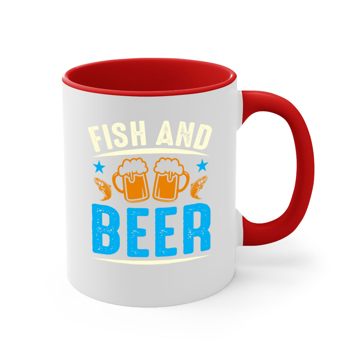 Fish and Beer 114# Mug with colored handle and glossy finish, available in multiple colors and sizes.