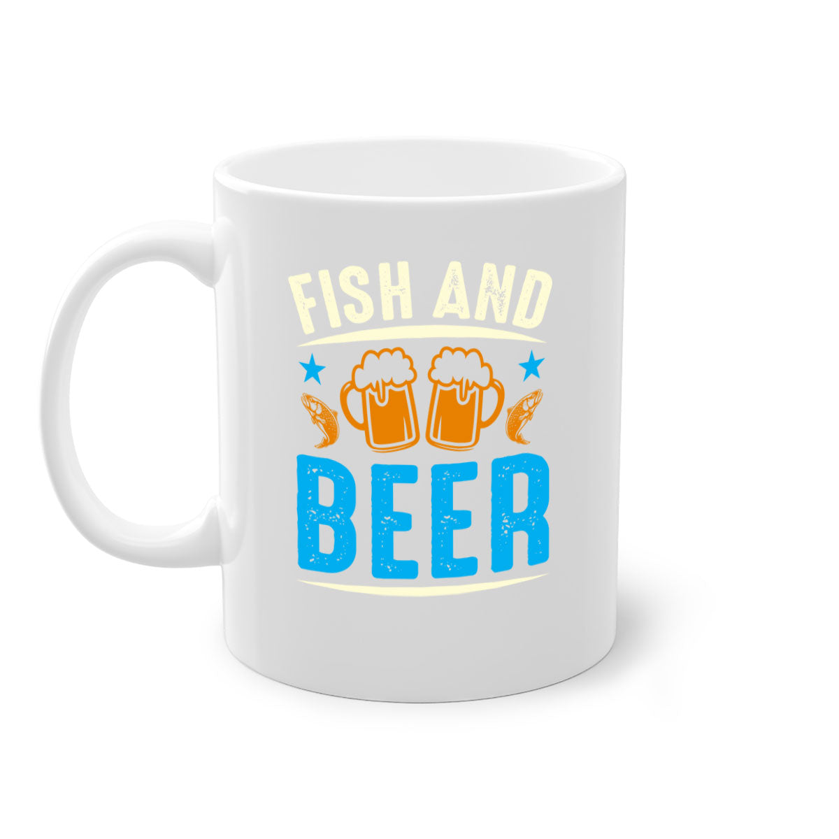 Fish and Beer 114# Mug with colored handle and glossy finish, available in multiple colors and sizes.