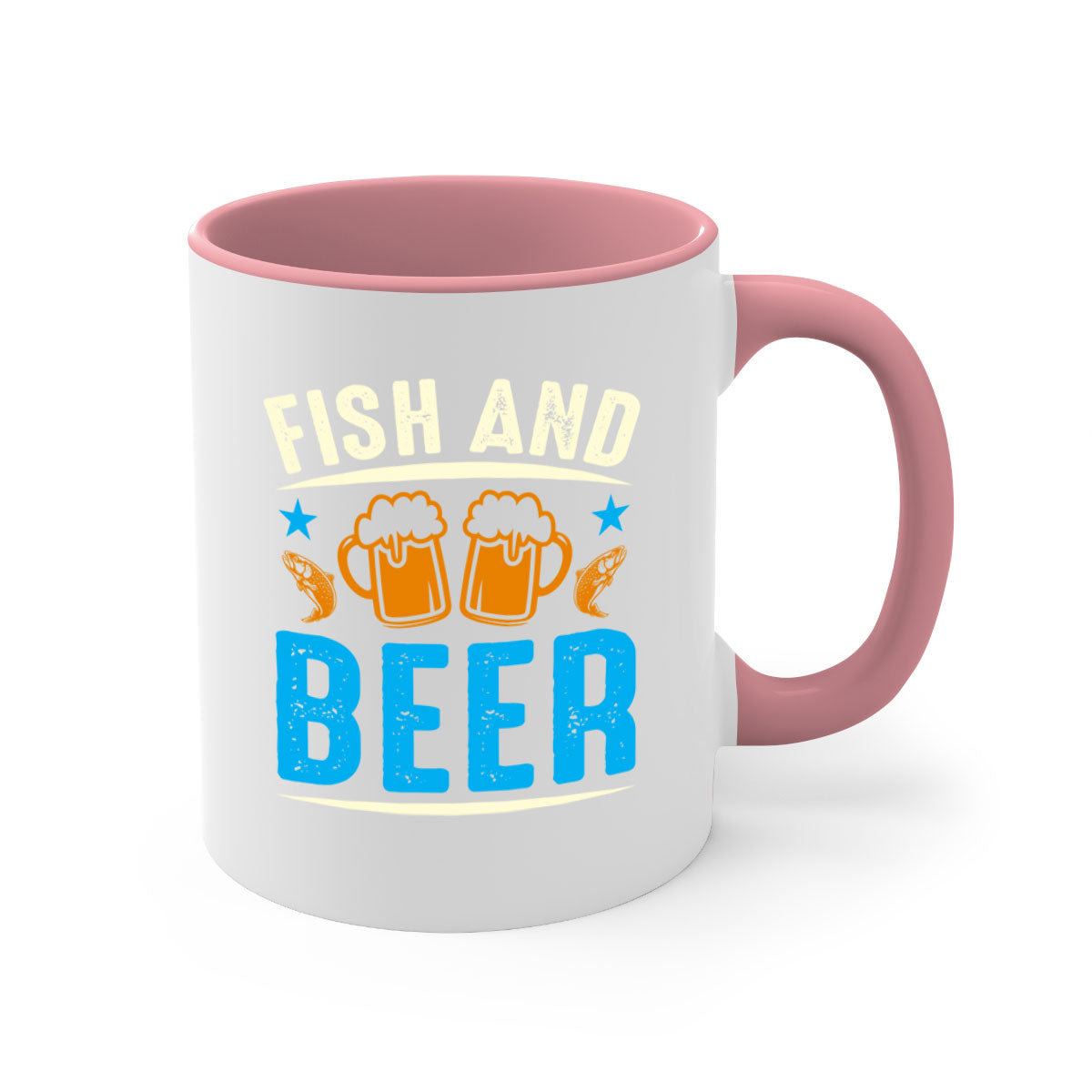 Fish and Beer 114# Mug with colored handle and glossy finish, available in multiple colors and sizes.